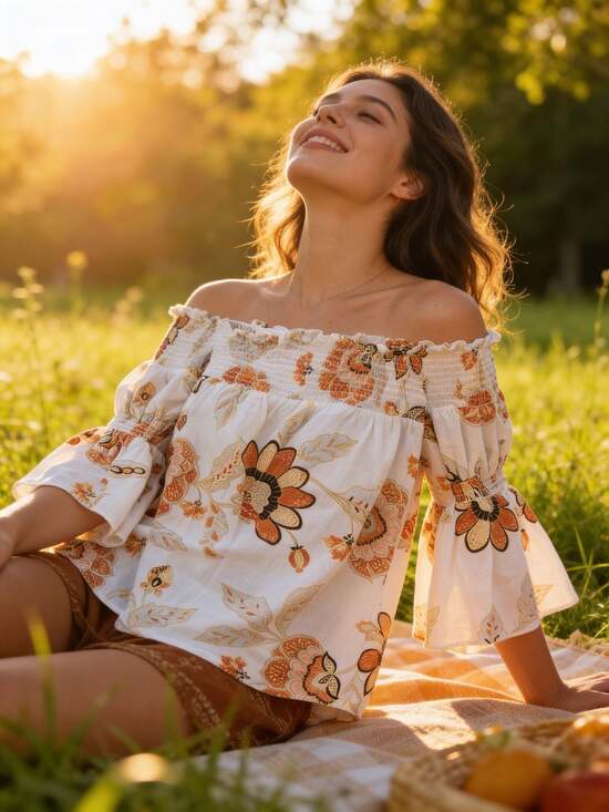 White House Black Market Tops - Lauren Conrad Off-The-Shoulder Smocked Floral Bell Sleeve Top XL
